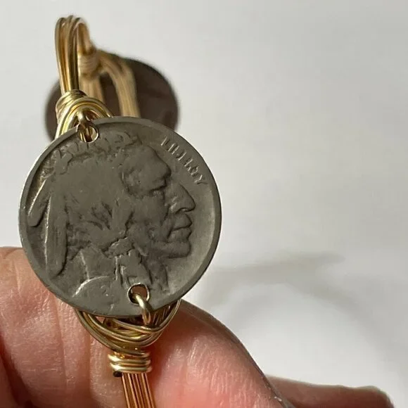 Vintage Indian Head Buffalo Three Nickels Currency Gold Wire Bangle Bracelet - Picture 5 of 6